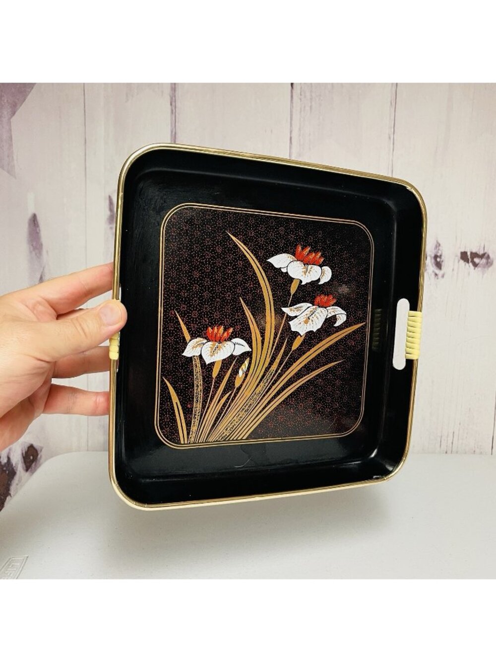 Vintage Japanese Black Lacquer Tray Grand Iris Gold Rim Wrapped Handles 10.5"